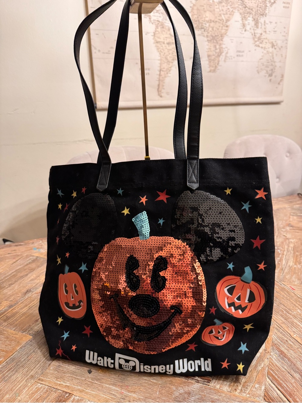 Disney Black Halloween Sequin Pumpkin Mickey Tote